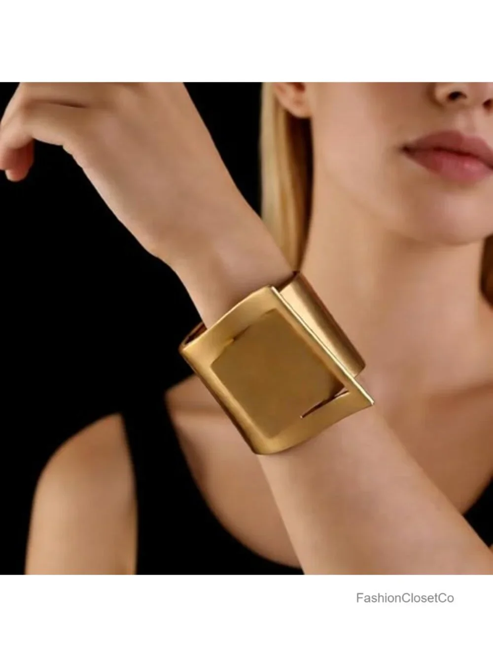 14k Gold Plated Hinged Cuff Bracelet Chunky Geometric Square Buckle